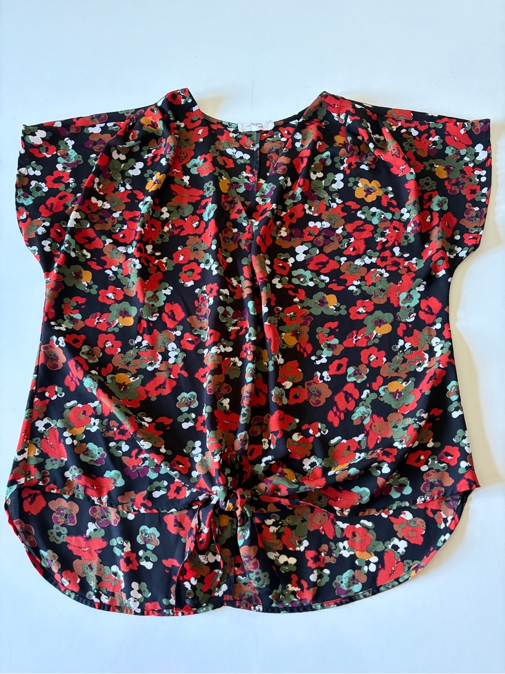 Beacon Apparel Black Floral Blouse Dolman Short Sleeves Tie Front Women’s XL